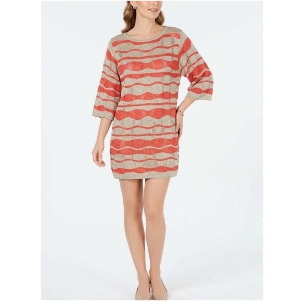 Vertigo Womens XL Knit Wavy Stripe Dress Oatmeal Poppy Red VT32517D New